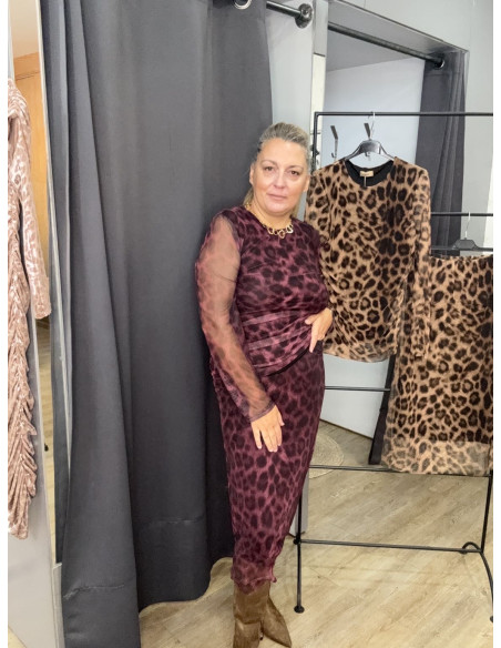 Falda print tule granate