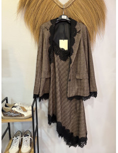 Vestido cuadro encaje marrón