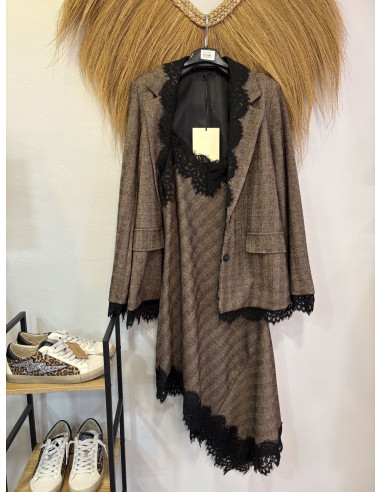 Vestido cuadro encaje marrón