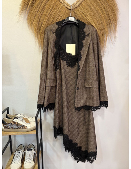 Vestido cuadro encaje marrón