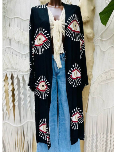 Kimono Mirame con estampado original y flecos. ¡Compra ahora y destaca con estilo!